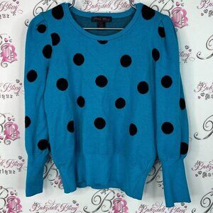 Elena wang sweater polka dots puff sleeve Chic Blue Sweater with Black Dots